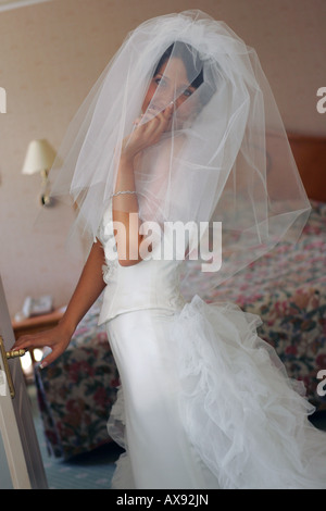 Portrait of beautiful bride in wedding dress and veil. Stock Photo