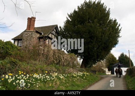 Yew Tree Cottage and horserider near Woodseaves Eardisley Herefordshire Stock Photo