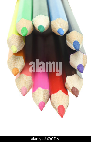 Assortment of color pencils arranged in circle on white background Stock Photo