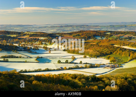 Herefordshire and Worcestershire countryside on a frosty November morning from the summit of the Malvern Hills Stock Photo