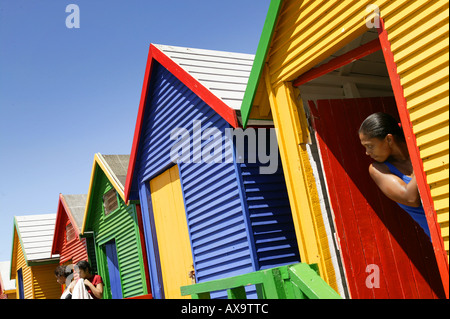 Tourists at changing rooms on St. James Beach, Cape Peninsula, Western Cape, South Africa Stock Photo