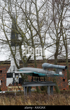 V1 Doodlebug and prototype of V2 rocket on display Peenemuende World War Two Nazi rocket technology research site Stock Photo