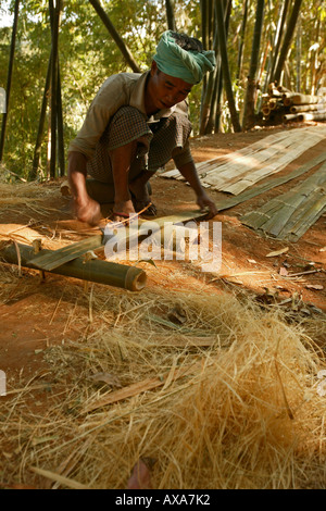 Cutting bamboo to make a fence, Bambus schneiden fuer einen Zaun, Yarzagyi Hills Stock Photo