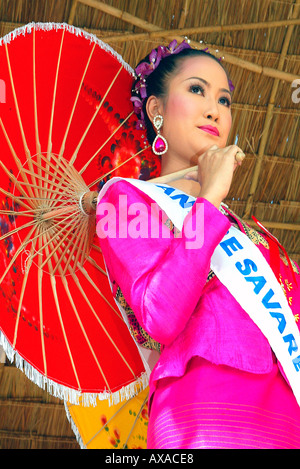 Competitor in Bo Sang umbrella festival beauty contest and pageant near Chiang Mai north Thailand Stock Photo