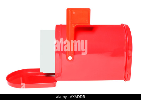 White envelopes in red mailbox isolated on pure white background Stock Photo