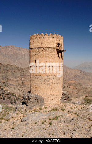 The remains of the lookout tower in the village of Hadash in the mountains of Jebel Akhdar in Oman. Stock Photo
