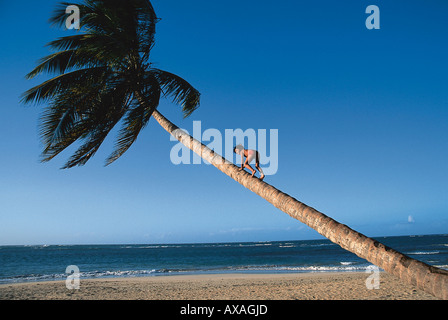 Maedchen auf Palme am Strand, Dominikanische Republik