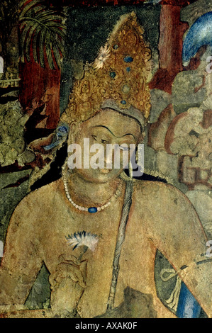 Padmpani Bodhisattva Frescoes wall cave buddhist painting at Ajanta caves Aurangabad Maharashtra India Asia Stock Photo