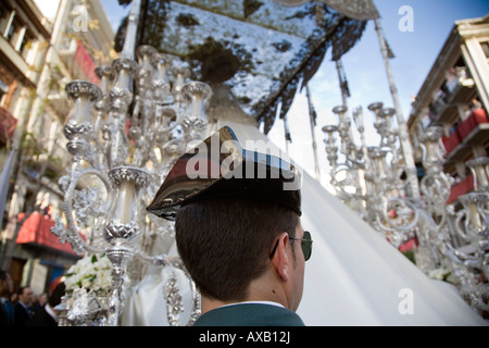 Civil Guard escorting a float with the Virgin image, Palm Sunday 2008, Seville, Spain Stock Photo