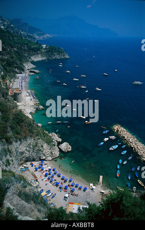 High angle view at beach and boats in a bay, Conca dei Marini, Amalfitana, Campania, Italy, Europe Stock Photo