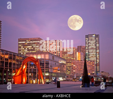 France Paris La Defense Calder red metal sculpture skyline full moon Stock Photo