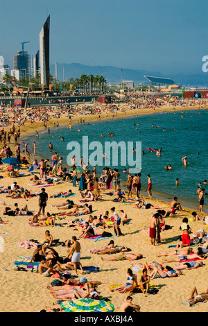 ESP Spain Barcelona beach Platja de la Barceloneta Forum Tele shot Stock Photo