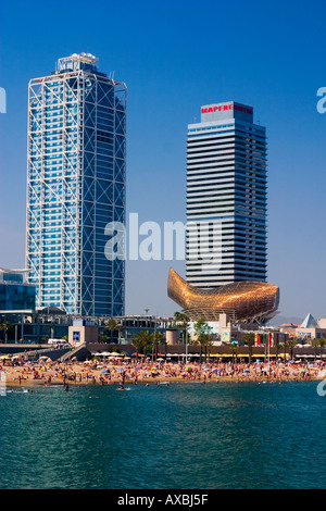 ESP Spain Barcelona beach Platja de la Barceloneta Hotels Arts skulpture by Frank Gehry Passeig Maritim Promenade Stock Photo