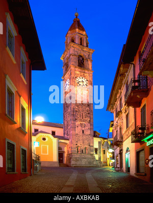 Switzerland Ticino Ascona church clock tower dusk Stock Photo