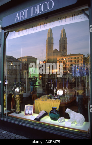 Switzerland Zurich Grossmunster art nouveau shop reflection shop window Stock Photo