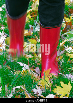 MR steps with legs in red rubber boots on gras grass with coloured autumn leaves Stock Photo