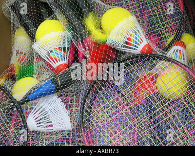 badminton equipment with rackets and shuttlecocks Stock Photo