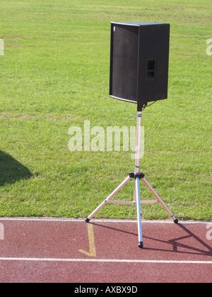 loudspeaker audio system on athletics race track Stock Photo