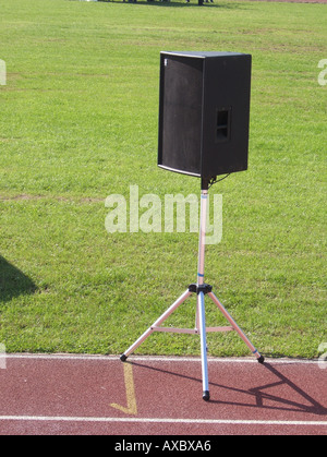 loudspeaker audio system on athletics race track Stock Photo