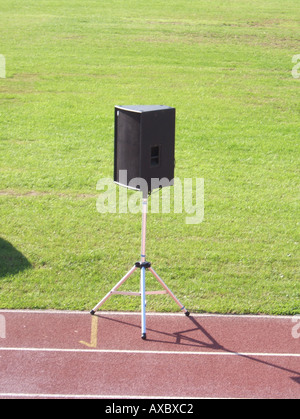 loudspeaker audio system on athletics race track Stock Photo