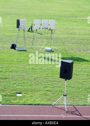 loudspeaker audio system on athletics race track Stock Photo