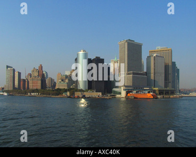 View on southern part of Manhattan, Financial District, without Twin-towers of World-Trade Centre, seen from Staten Island Ferr Stock Photo