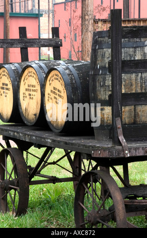 Barrels of Buffalo Trace Kentucky Bourbon Whiskey on horse drawn wagon at distillery in Frankfort Kentucky Stock Photo