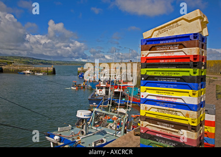 Stacked Fish Boxes and Fishing Boats in Helvick Harbour, Ring - Gaelic Speaking Area, County Waterford, Ireland Stock Photo