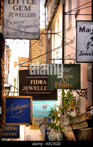 The Lanes in Brighton, East Sussex: Signs fight for position in the narrow shopping street. Picture by Jim Holden. Stock Photo