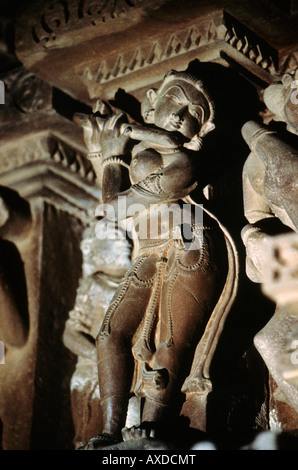 Vishvanath temple Interior flautist sculpture. Khajuraho, Madhya Pradesh, India Stock Photo