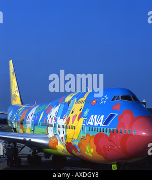 ANA 747-400 painted with Pokemon images on the runway in Japan