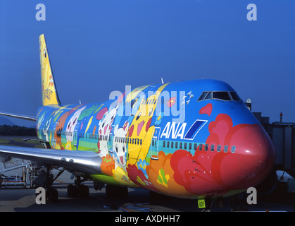 ANA 747-400 painted with Pokemon images on the runway in Japan