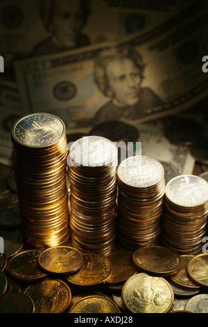 Stacks of coins with US Bank Dollars Stock Photo