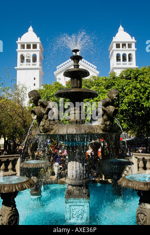 Fountain and Catholic church in Juayua El Salvador Stock Photo