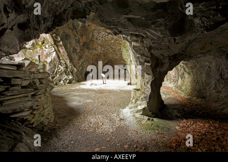The twin arches of the Crypt, at the Chwarel Hen Llanfair Slate Caverns, Near Harlech, Gwynedd. North Wales, UK Stock Photo