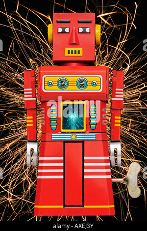 Sparking Tin Robot A Retro Clockwork Toy from the 1960s Stock Photo