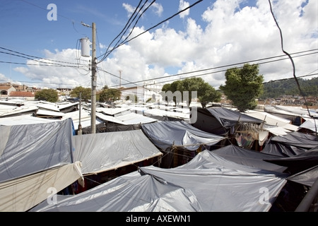 GUATEMALA CHICHICASTENANGO  A sea of temporary market stall roof of plastic sheeting stretch through the main square Stock Photo