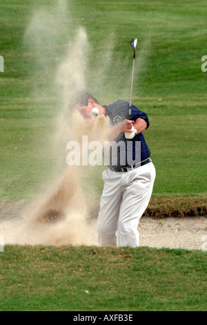 Blasting out of a sand bunker at Andover Golf Club Hampshire England UK Stock Photo