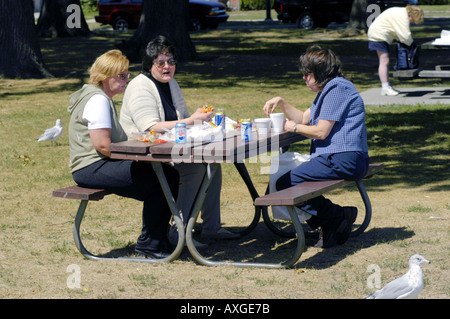 Three female office workers eat lunch in a public park Stock Photo