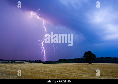 lighting storm over a field in Suffolk, UK Stock Photo