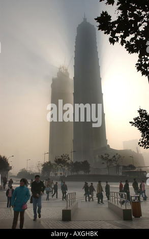 The Shanghai World Financial Center, China's tallest building, under construction in Pudong, Shanghai. Jinmao Tower in forground Stock Photo