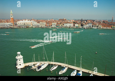View from bell tower on the Island of San Giorgio Maggiore over Giudecca canal towards St Marks Square, Venice, Veneto, Italy Stock Photo