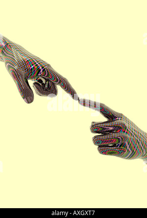 two hands toucging each other 2 Hände berühren sich fast an den Fingerspitzen der ausgestreckten Zeigefinger Stock Photo