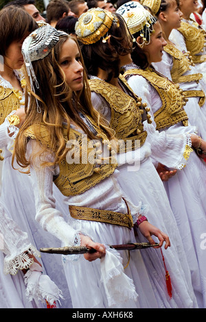 Turkish girls in traditional costumes in Mamusa Prizren Kosovo Stock Photo