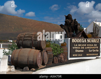 Barrels outside Bodega Suarez in the wine growing region of La Geria on Lanzarote in the Canary islands. Stock Photo