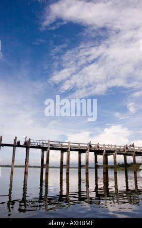 Stock photograph of the U Bein old teak bridge across Taungthaman Lake ...