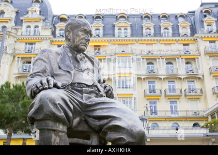 A statue of the Russian-American writer Vladimir Nabokov in front of the Palace Hotel in Montreux, Switzerland, where he lived Stock Photo