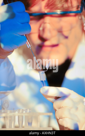 genetic engineering scientist researcher extracting DNA from sample Stock Photo