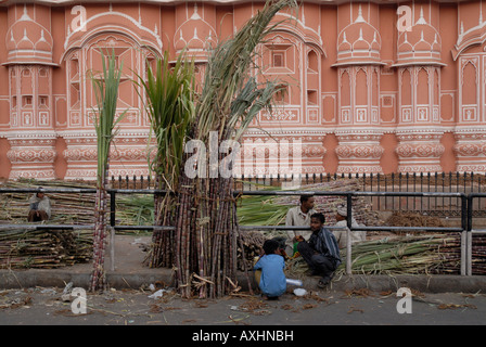 Boys and Men selling Sugar Cane on the street in front of the Hawa Mahal Jaipur Rajasthan India prior to the Diwali Festival Stock Photo