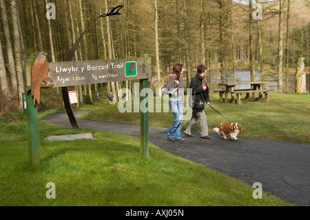 Mother and daughter walking their dog at Bwlch Nant yr Arian forest park Ponterwyd Ceredigion Wales UK Stock Photo